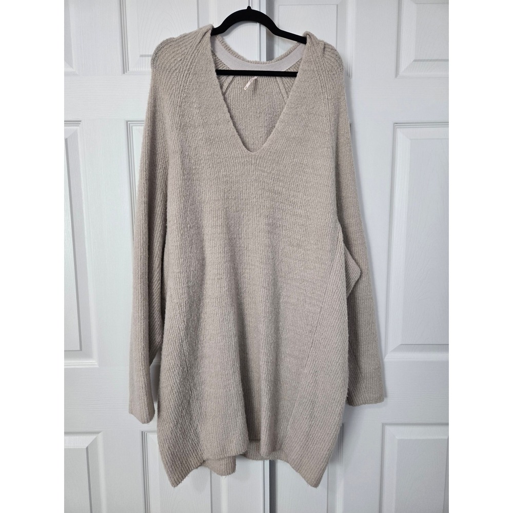 Free People Oversized V-Neck Ribbed Knit Tunic Sweater Dress Oatmeal Tan Medium